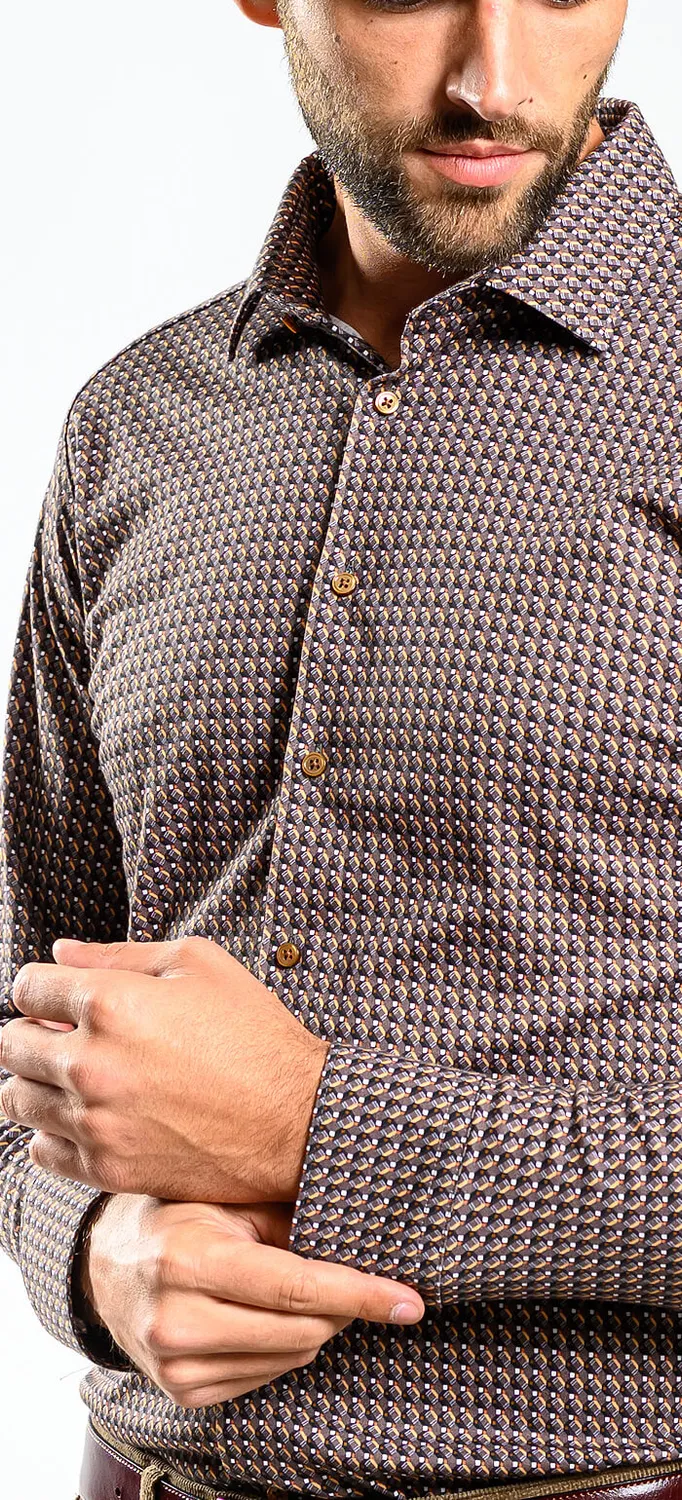 Alain Delon camicia extra slim fit marrone elasticizzata