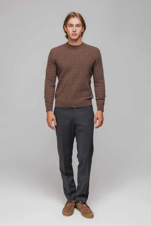 Alain Delon pullover marrone trecce lana girocollo