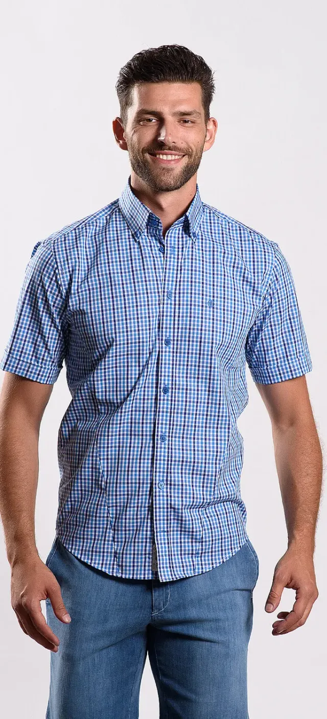 Alain Delon Checked Extra Slim Fit camicia a quadri manica corta blu