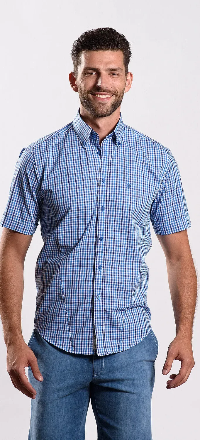 Alain Delon Checked Extra Slim Fit camicia a quadri manica corta blu
