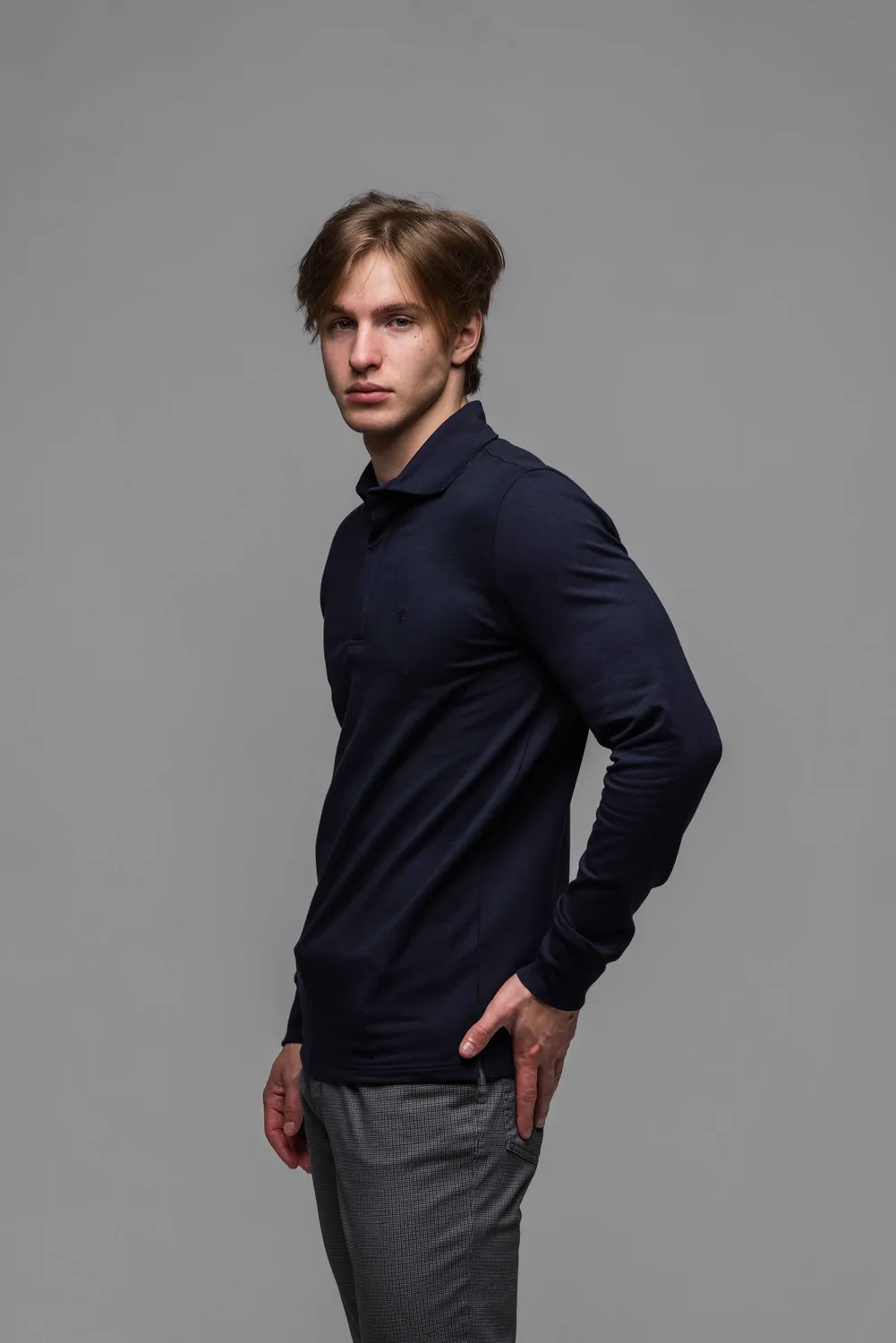Alain Delon polo blu manica lunga maglia cotone slim fit