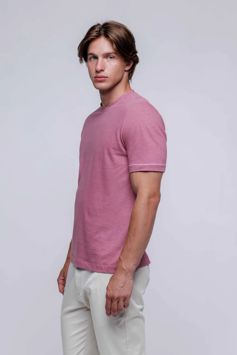 Alain Delon T-Shirt Uomo Rosa in Lino Manica Corta M-XXXL