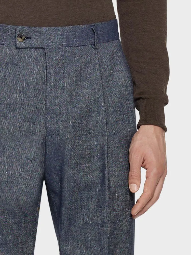 Caruso Pantalone carrot-fit lino cotone blu denim