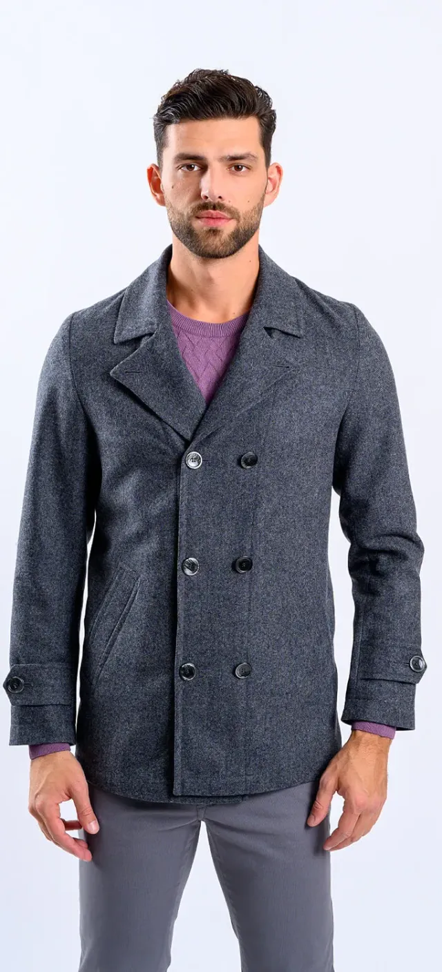 Alain Delon Cappotto Doppiopetto Lana Grigio Corto Caldo