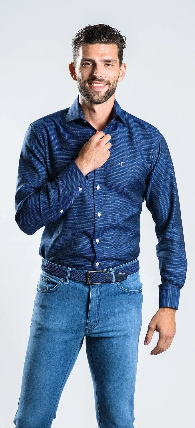 Alain Delon Extra Slim Fit camicia blu navy pois delicati