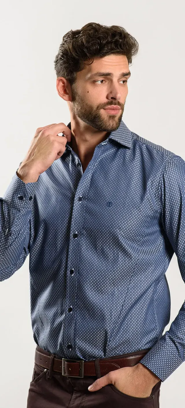 Alain Delon Extra Slim Fit camicia blu navy fantasia argento