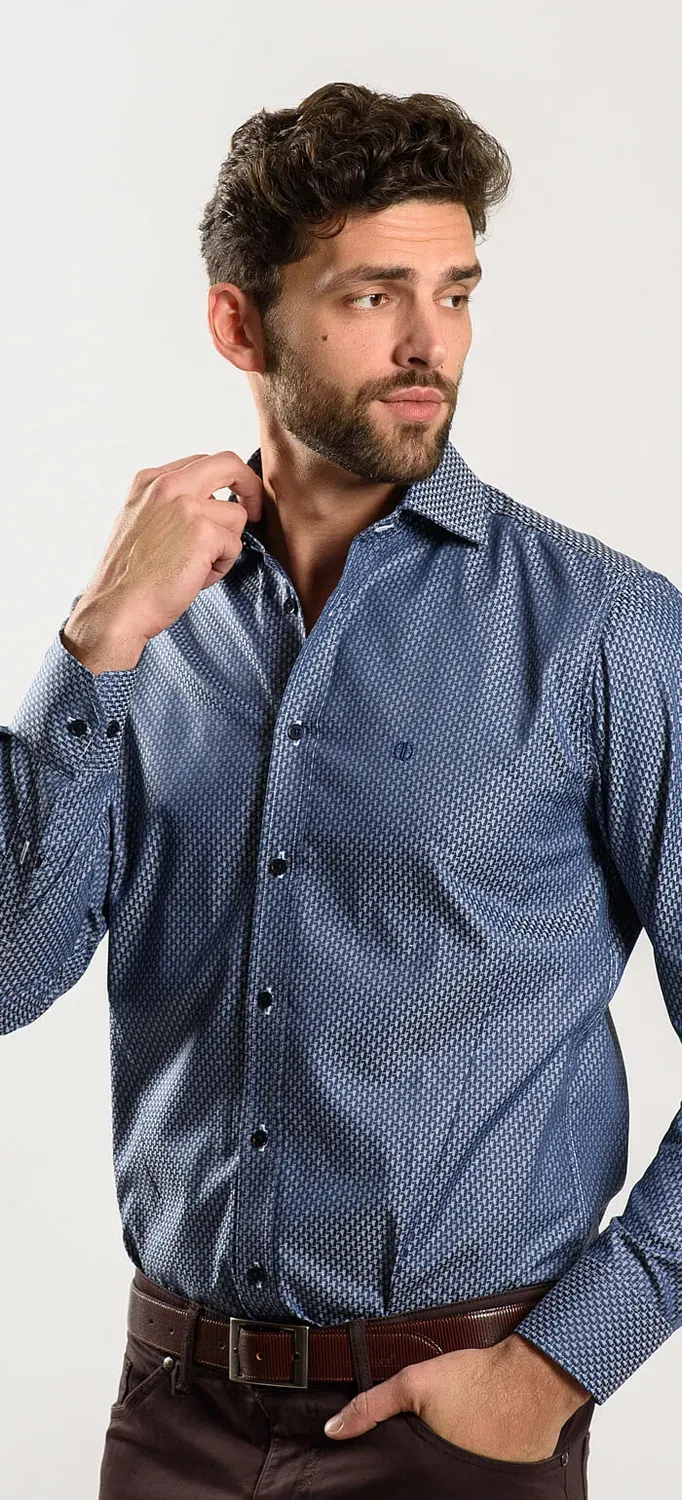 Alain Delon Extra Slim Fit camicia blu navy fantasia argento