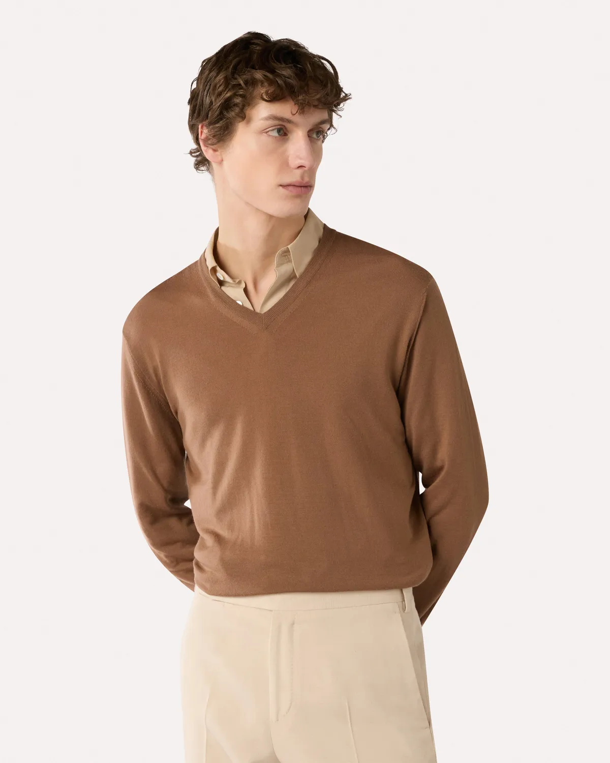 Lardini Maglia scollo V lana seta cashmere marrone finezza 18
