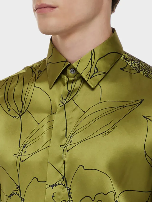 Caruso Butterfly Camicia seta floreale verde collo francese