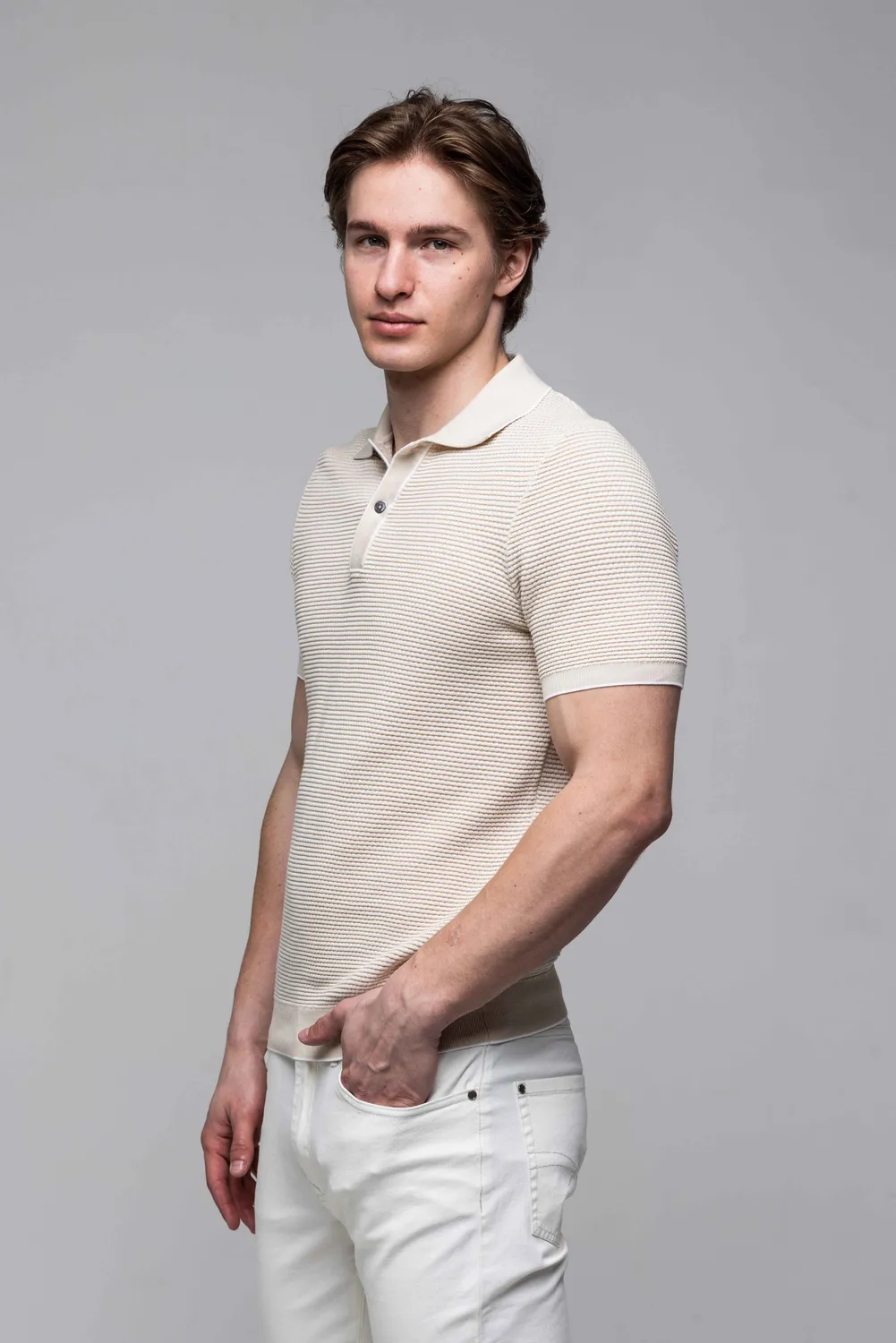 Alain Delon polo beige maglia cotone bottoni manica corta