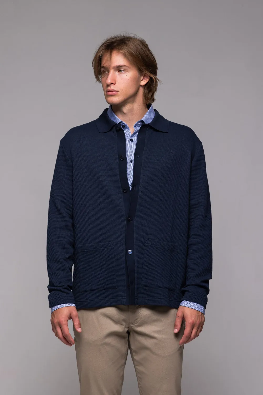 Alain Delon Maglione Blu Bottoni Cotone con Tasche