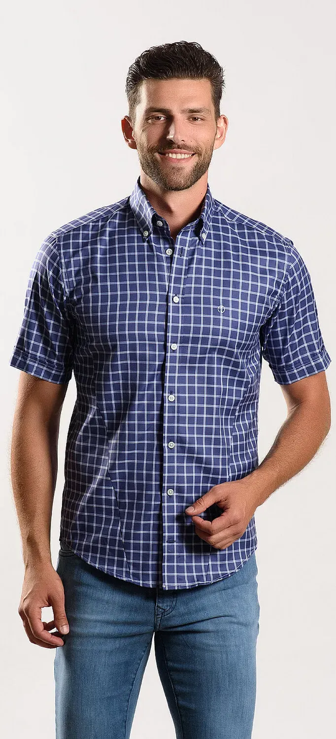 Alain Delon Extra Slim Fit camicia azzurra quadri corta