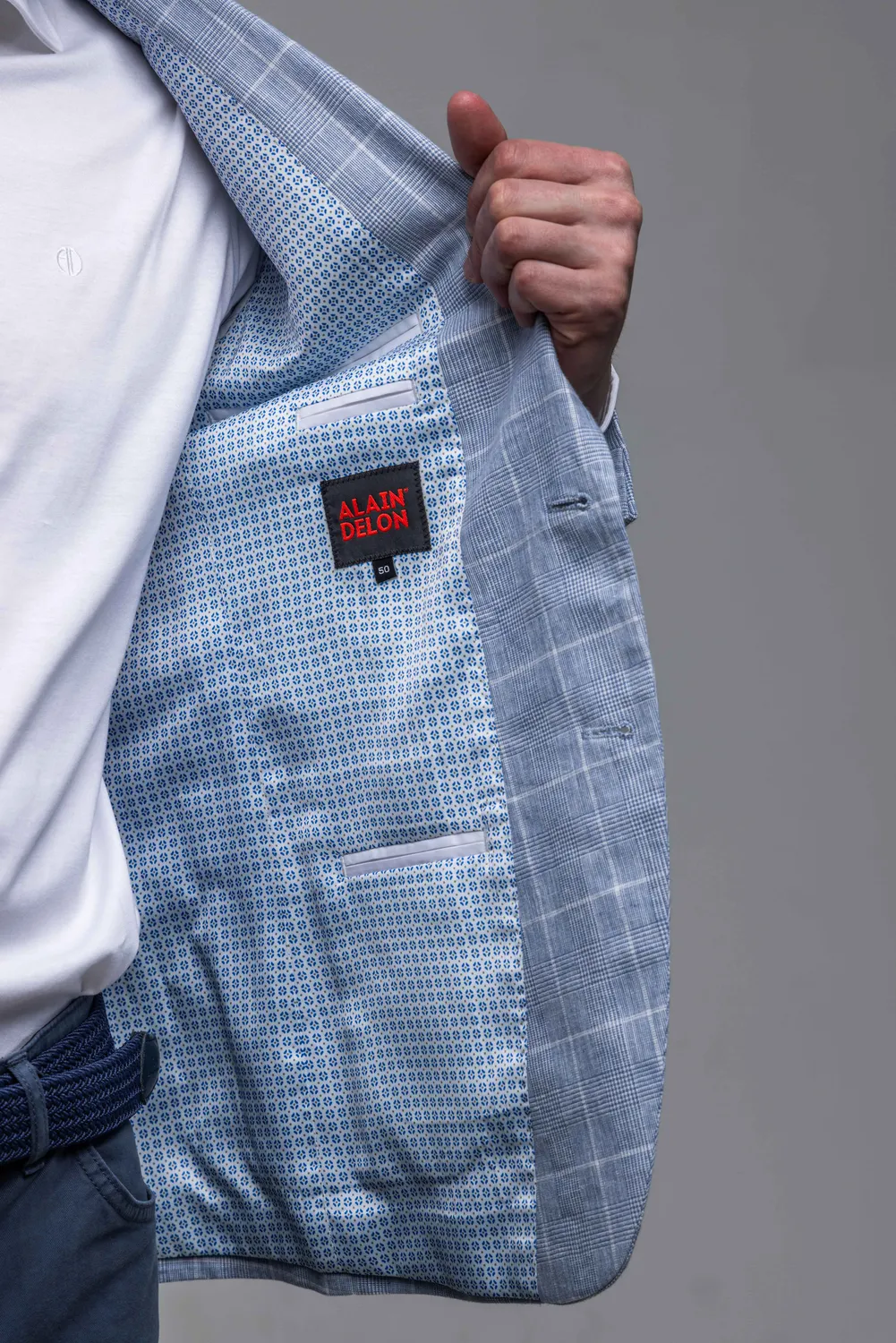 Alain Delon Slim Fit blazer lino azzurro quadri bianchi
