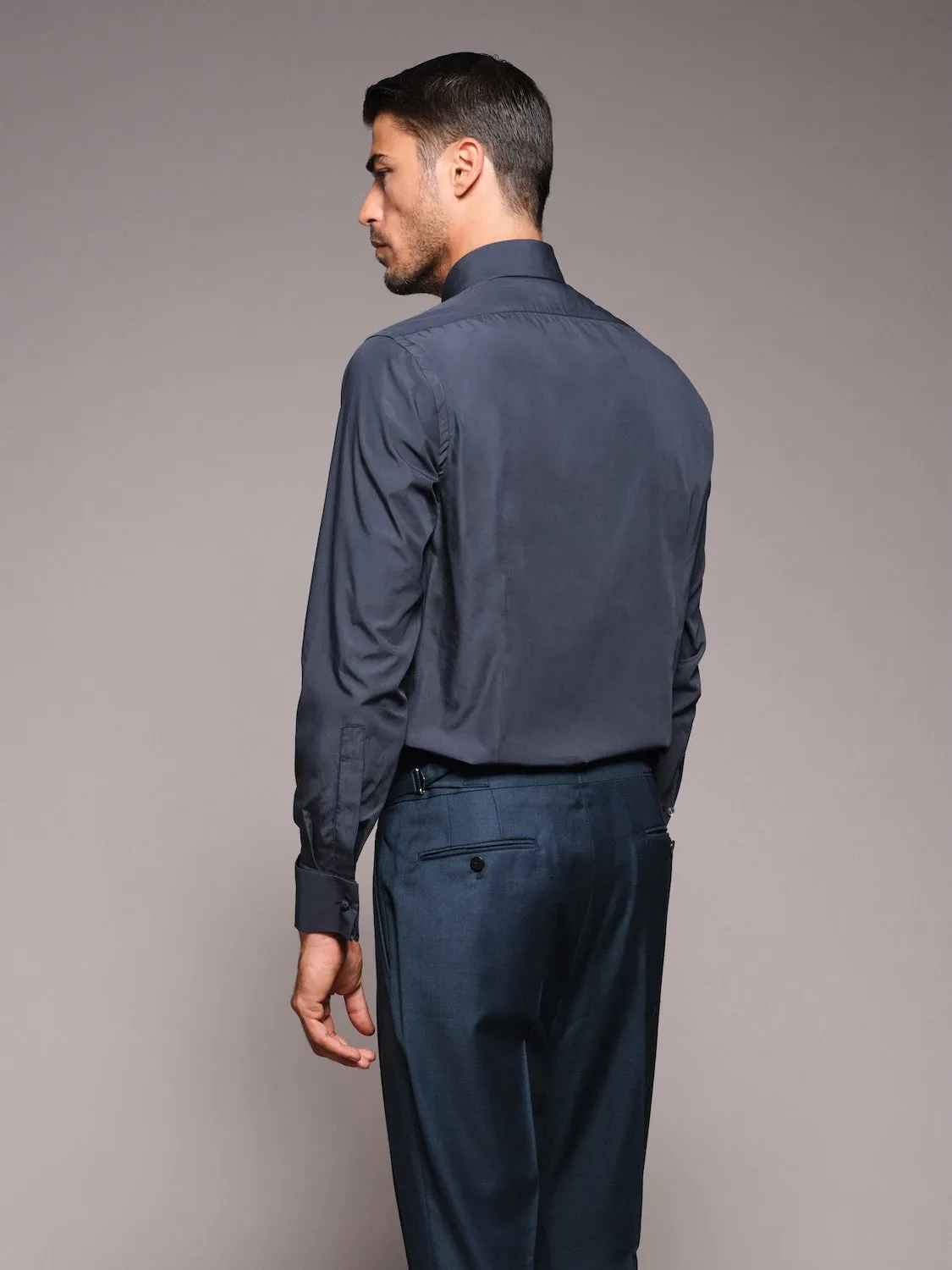 Caruso Butterfly camicia cotone blu plissé gemelli