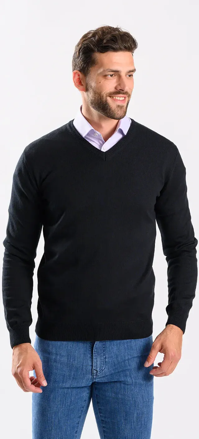 Alain Delon maglione nero cotone scollo a V