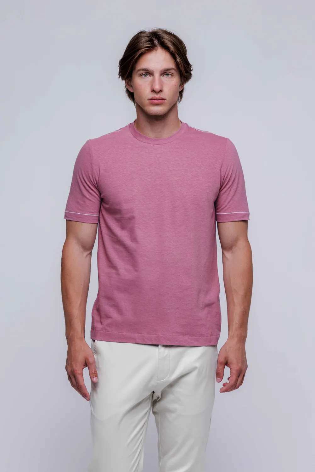 Alain Delon T-Shirt Uomo Rosa in Lino Manica Corta M-XXXL