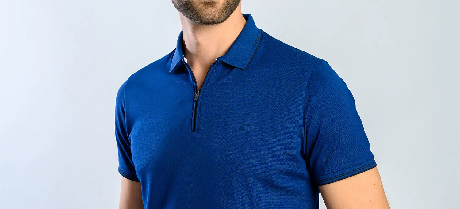 Alain Delon Polo Blu Zip Slim Leggera Traspirante