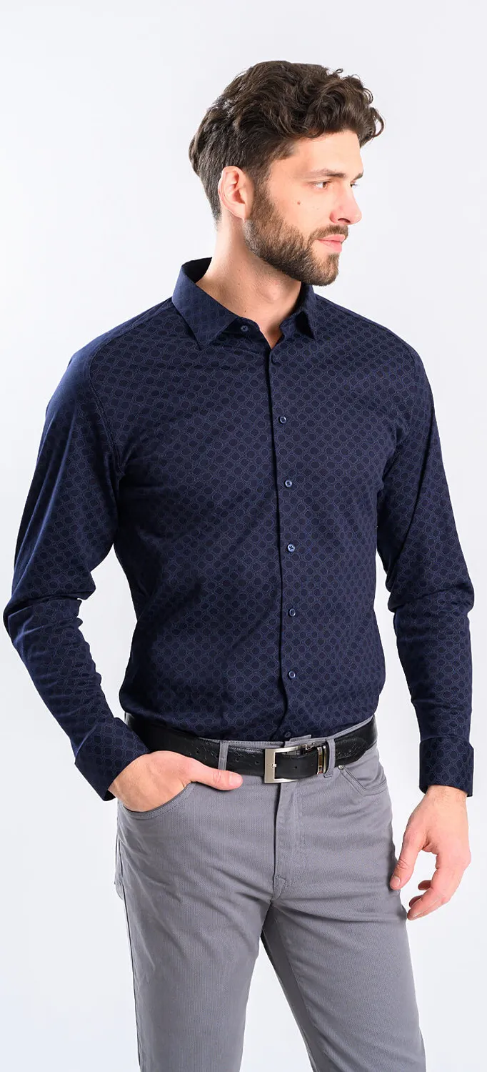 Alain Delon camicia extra slim fit blu navy fantasia jersey stretch