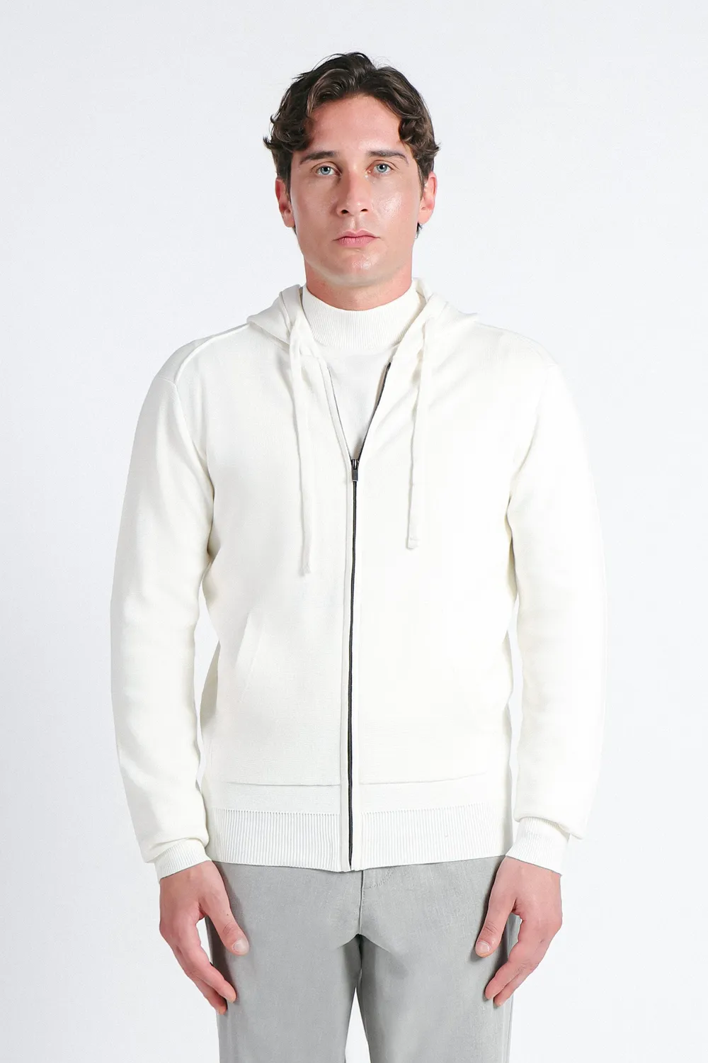 Sonny Bono Maglia Zip Cappuccio Punto Milano Panna