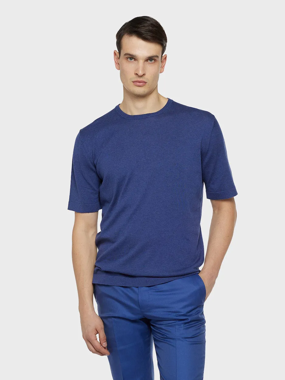Caruso T-Shirt Maglia Seta Cotone Blu Costine