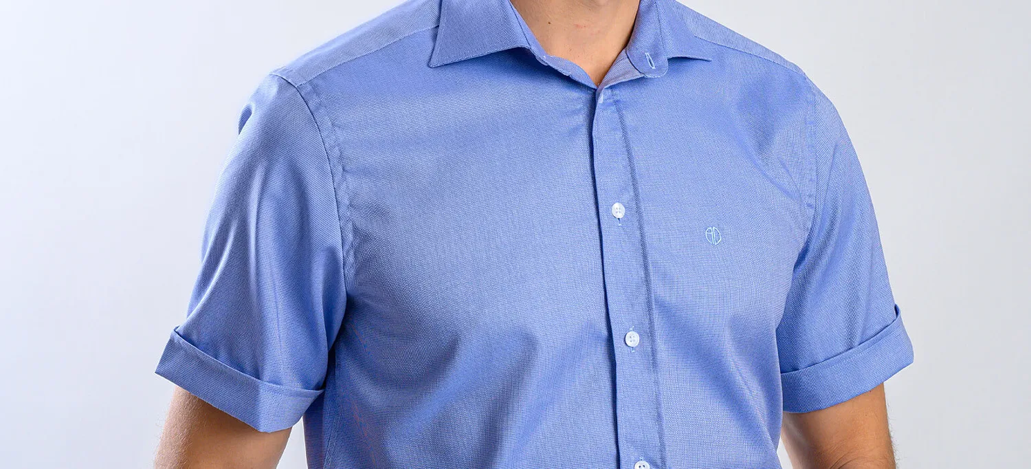 Alain Delon camicia slim manica corta blu fantasia cotone