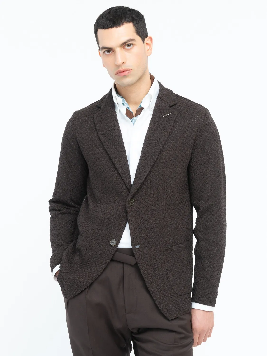 Paoloni Giacca maglia waffle marrone misto cotone