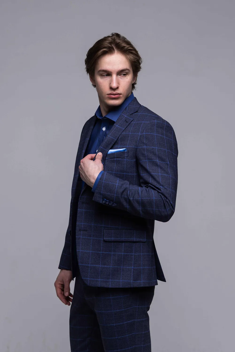 Alain Delon abito slim blu quadri azzurri stretch