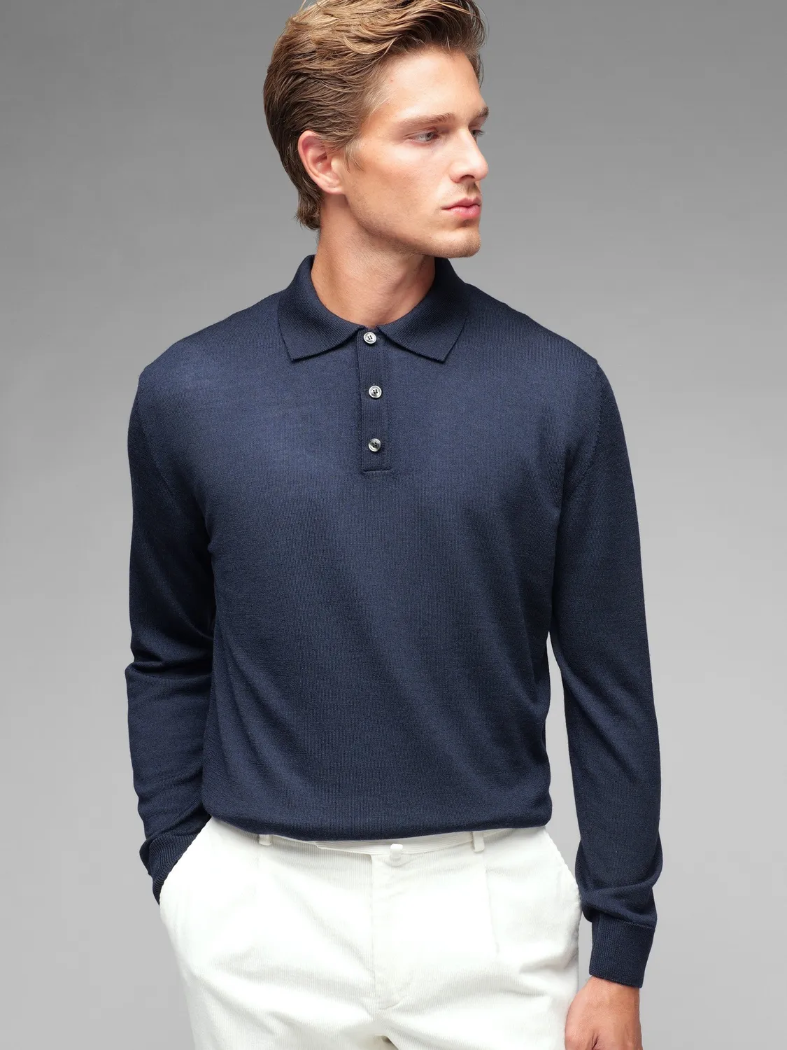 Paoloni Polo manica lunga blu lana merinos