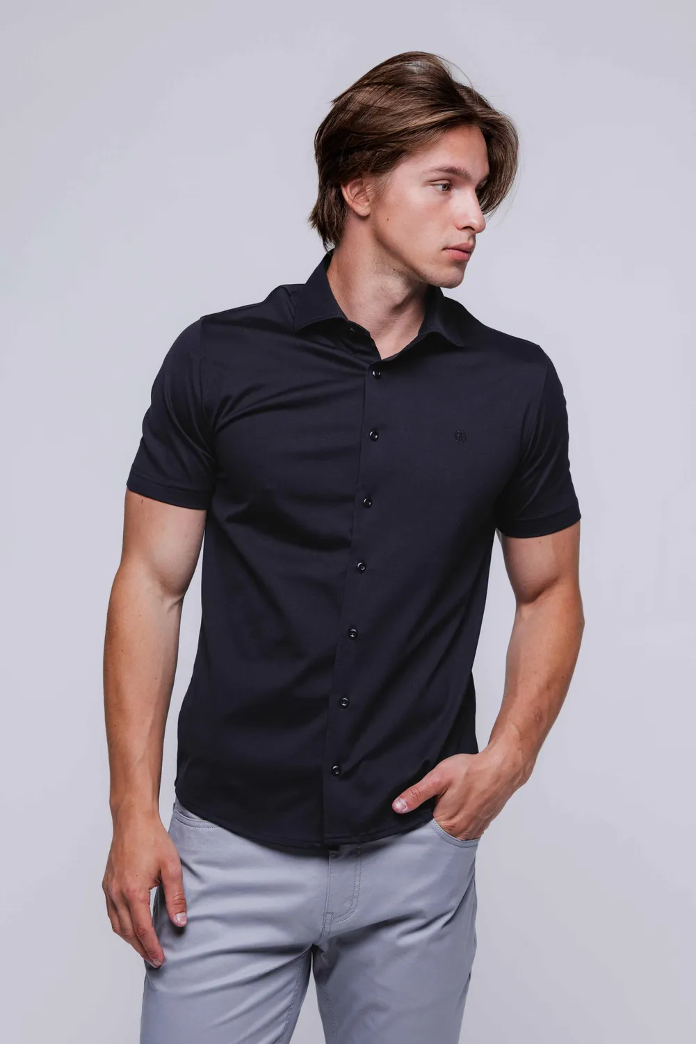 Alain Delon camicia nera manica corta stretch