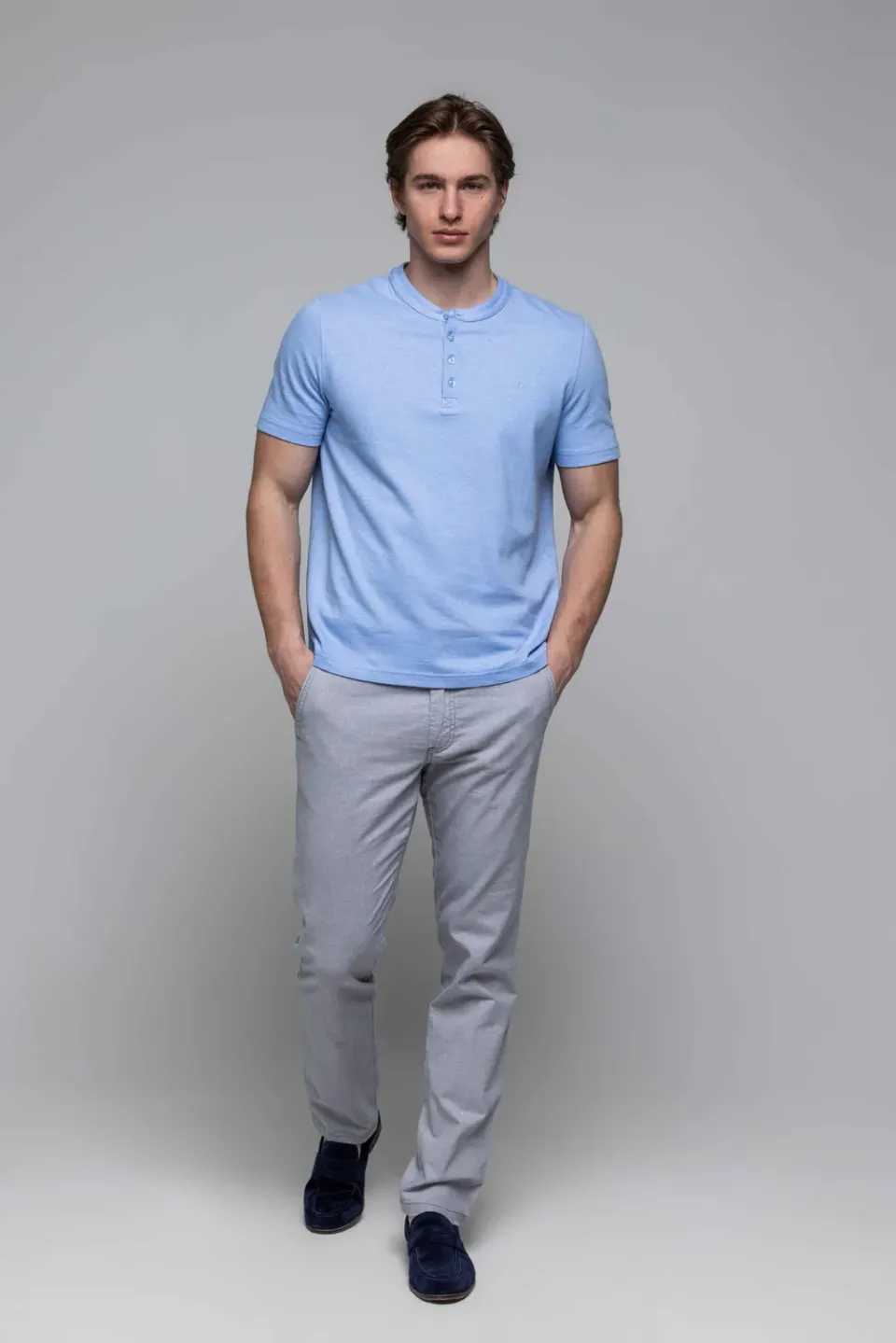 Alain Delon T-shirt cotone lino blu con bottoni