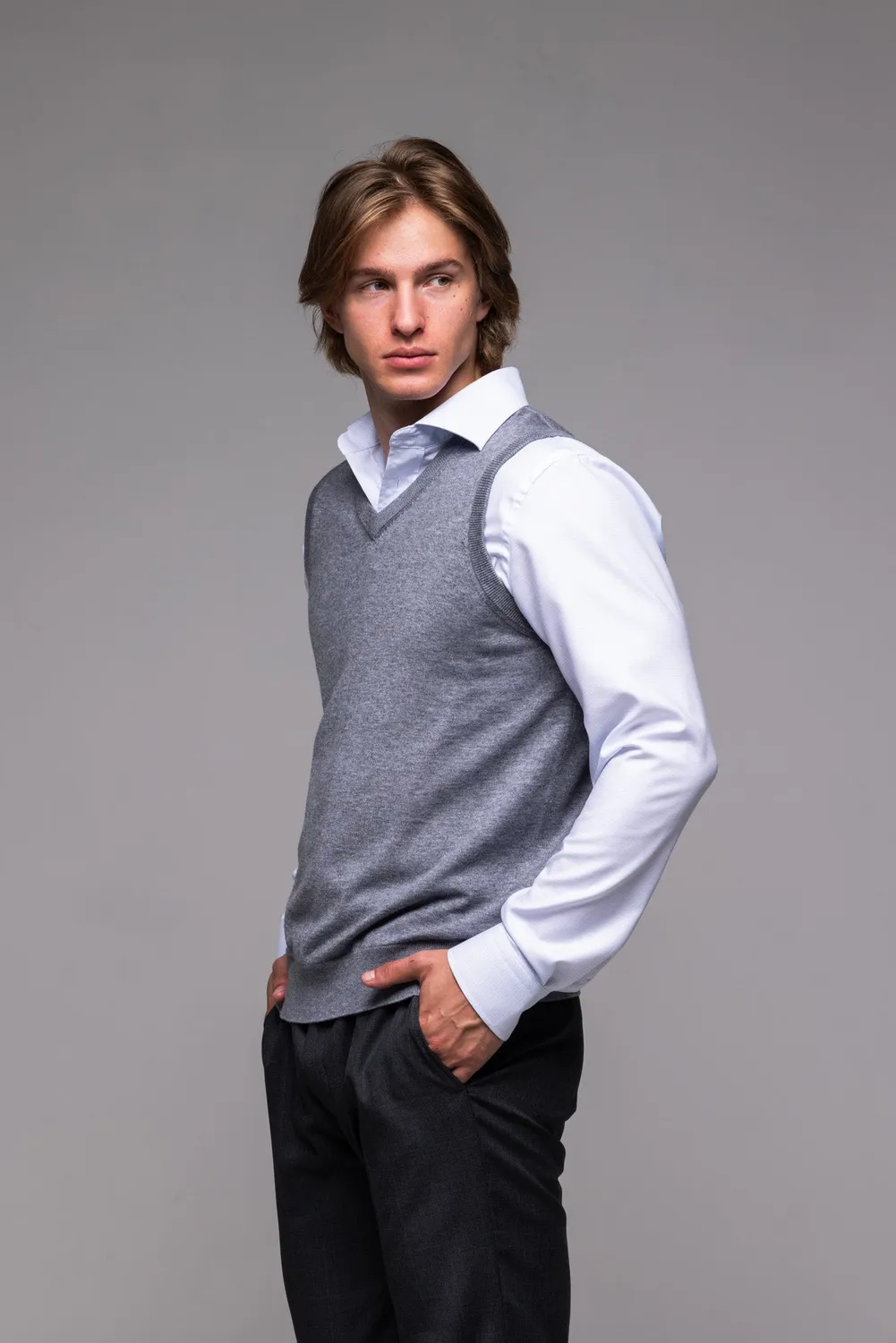 Alain Delon gilet grigio scollo V maglia lana acrilico