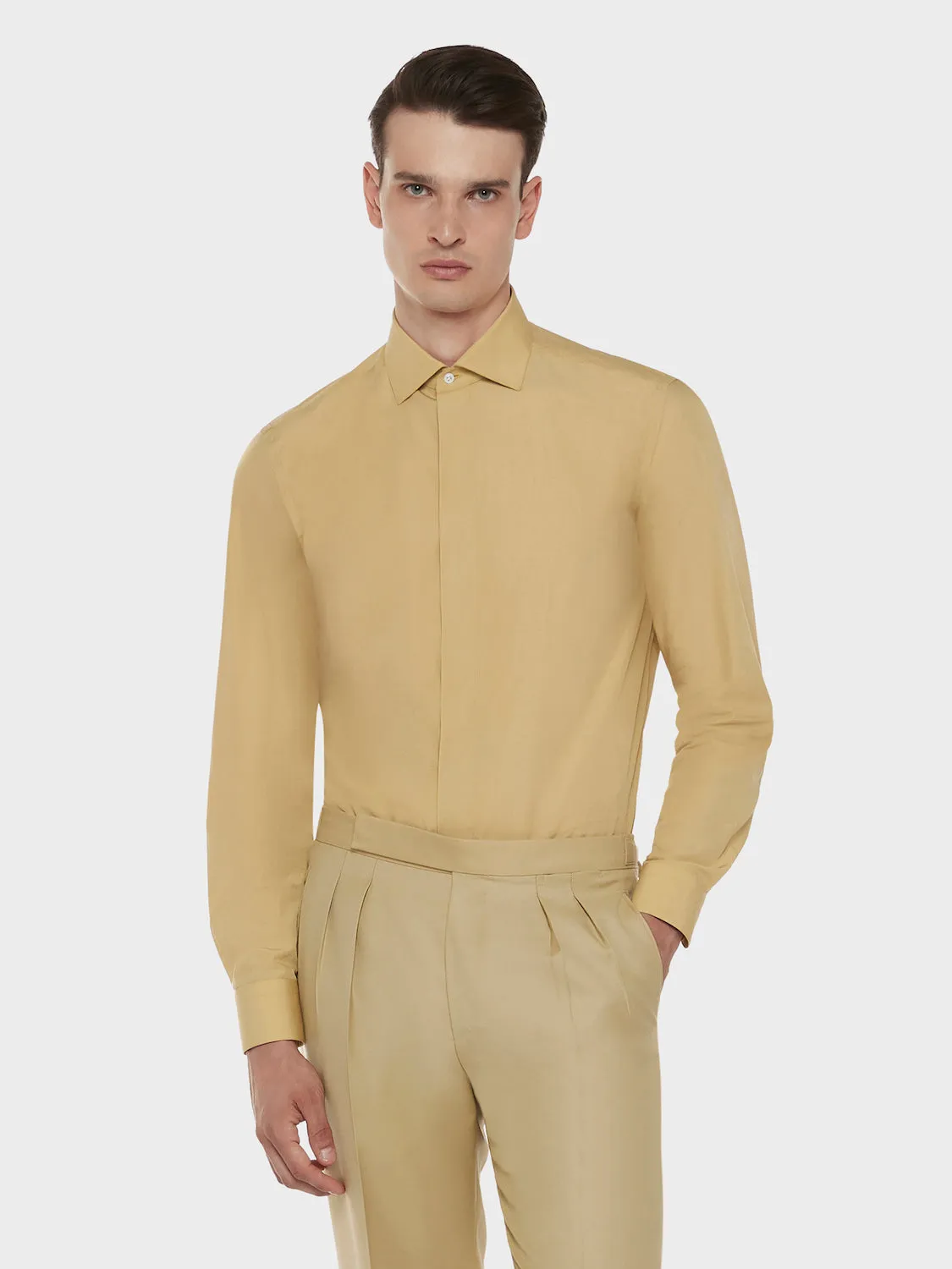 Caruso camicia slim in cotone giallo senape