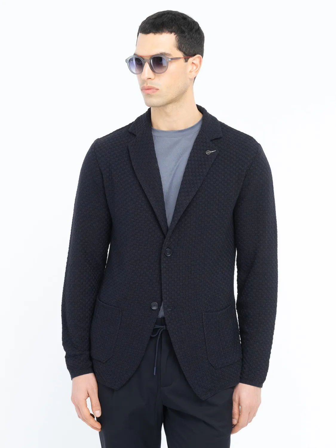 Paoloni Giacca Maglia Waffle Cotone Blu due bottoni