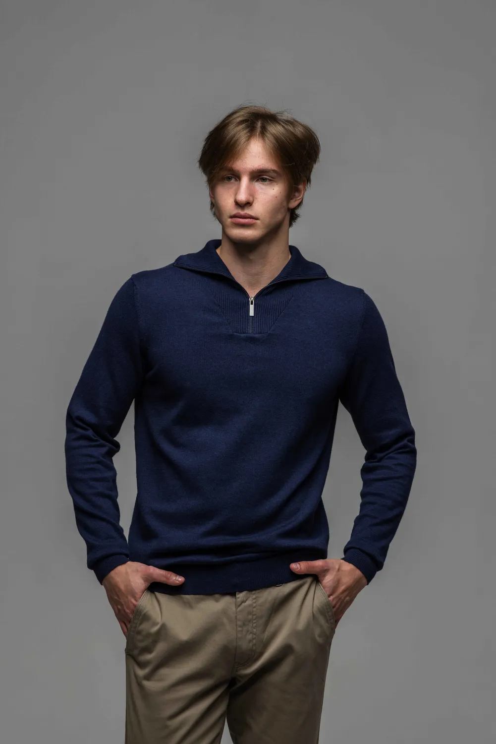 Alain Delon maglione blu zip collo alto uomo