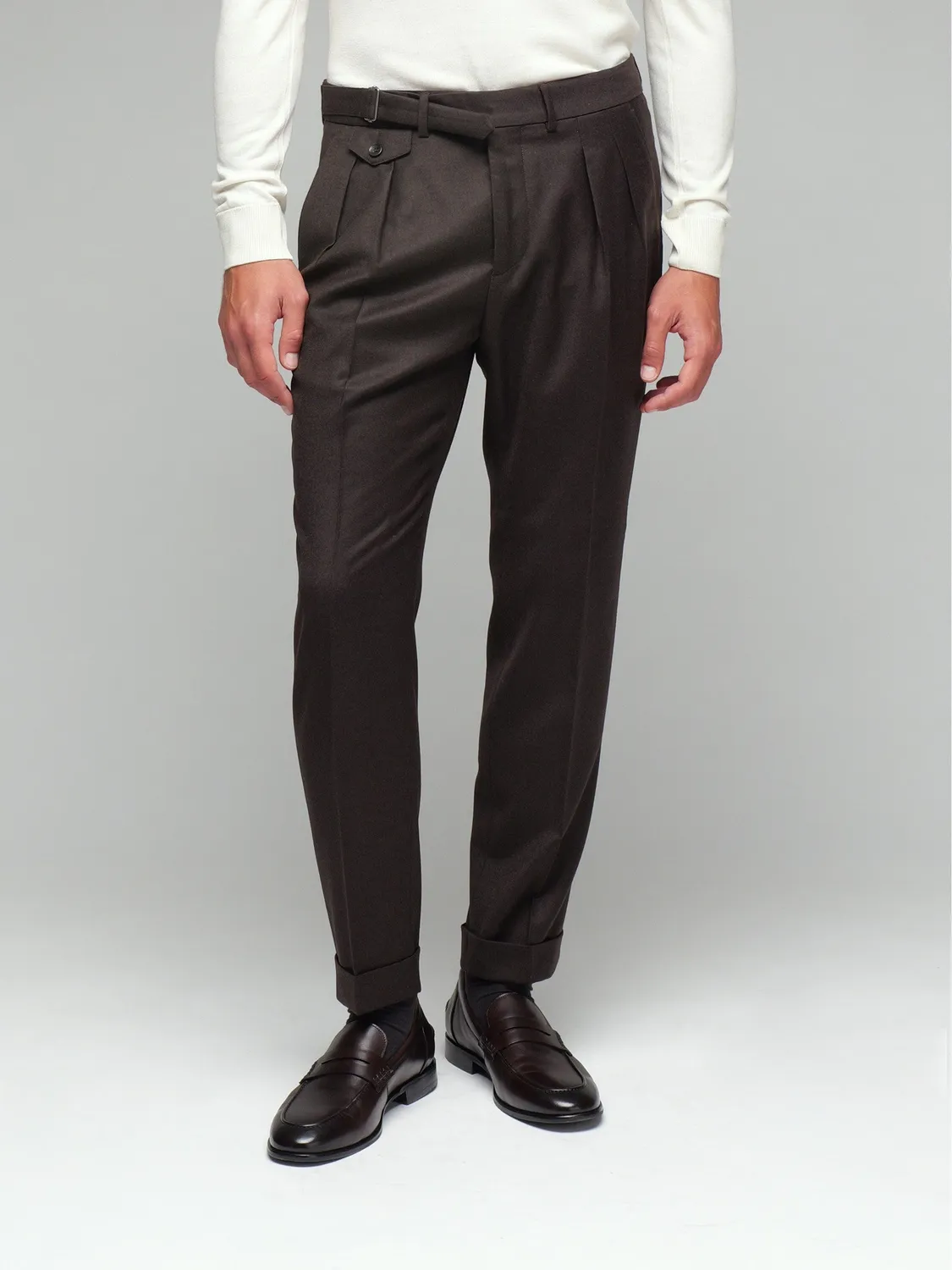 Paoloni Pantalone doppia pinces marrone flanella lana