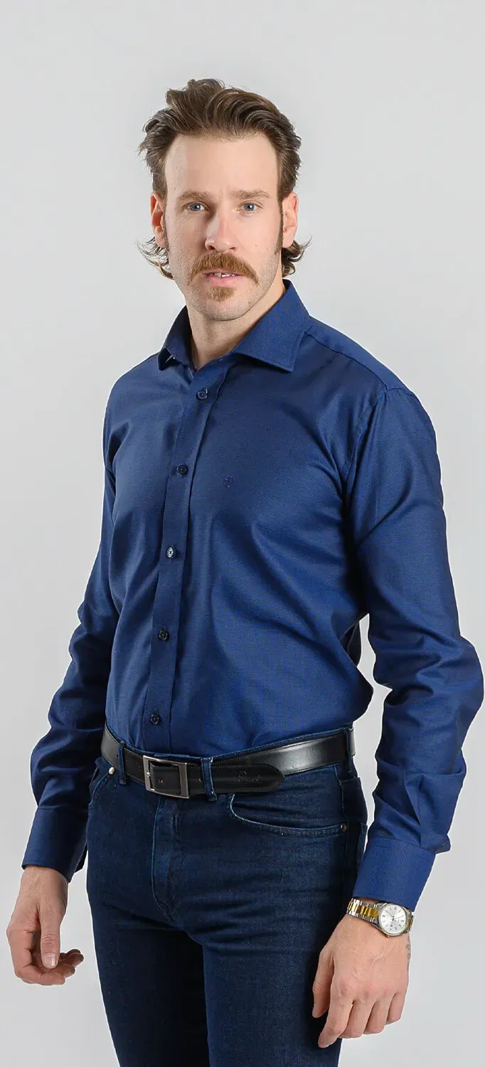 Alain Delon Navy Slim Fit camicia blu traspirante