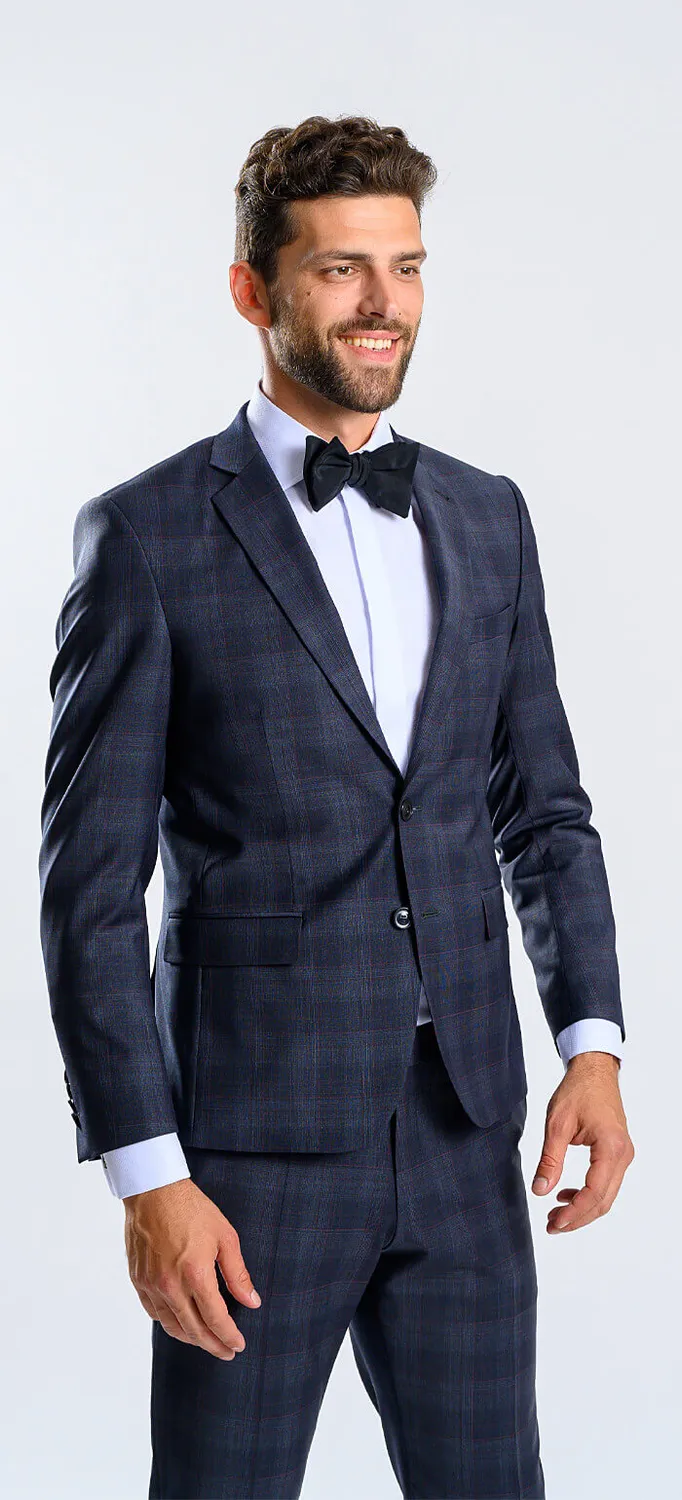 Alain Delon Abito Blu Slim Fit Quadri Bordeaux Misto