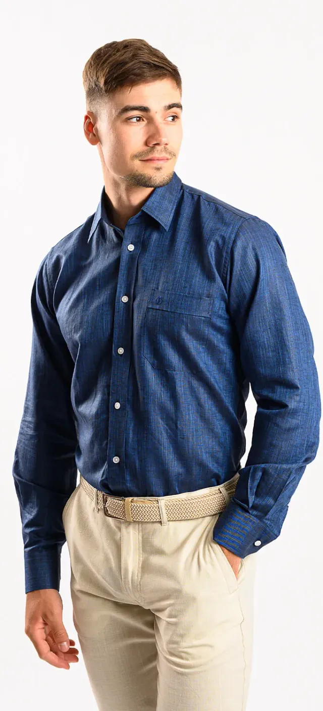 Alain Delon Camicia Slim Fit Blu Lino Cotone