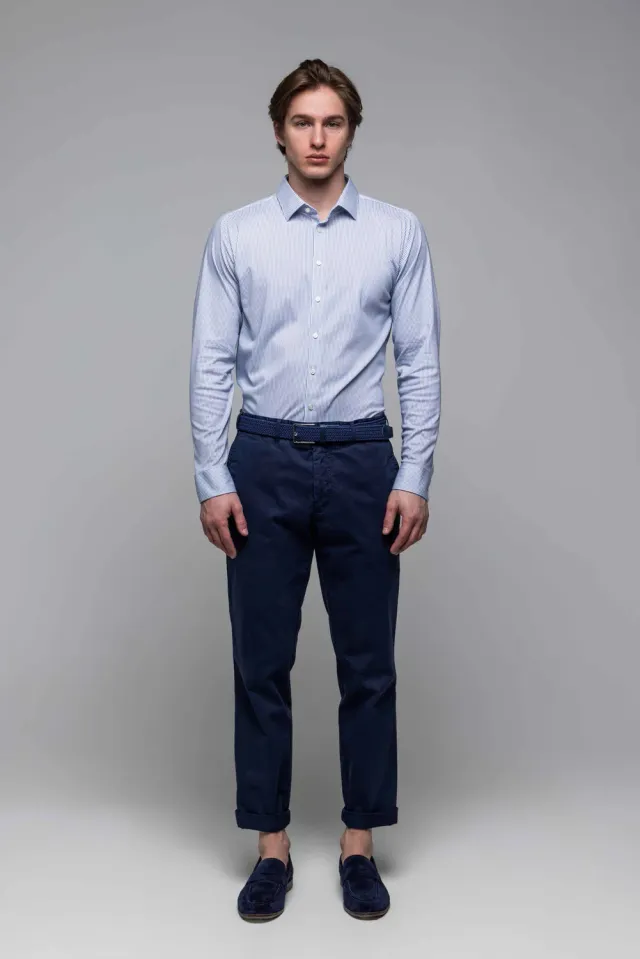 Alain Delon Camicia Bianca Righe Blu Extra Slim Fit Stretch
