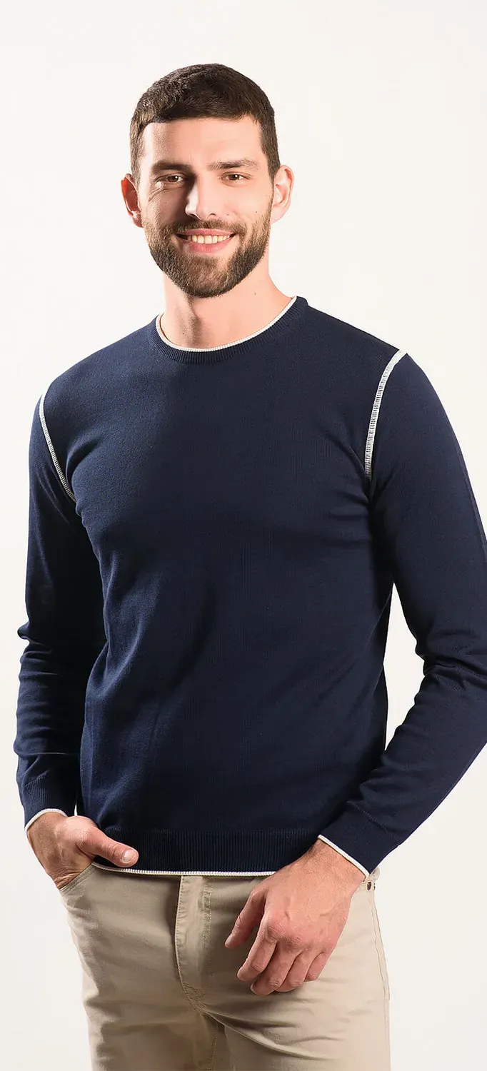 Alain Delon maglione in cotone blu cuciture bianche