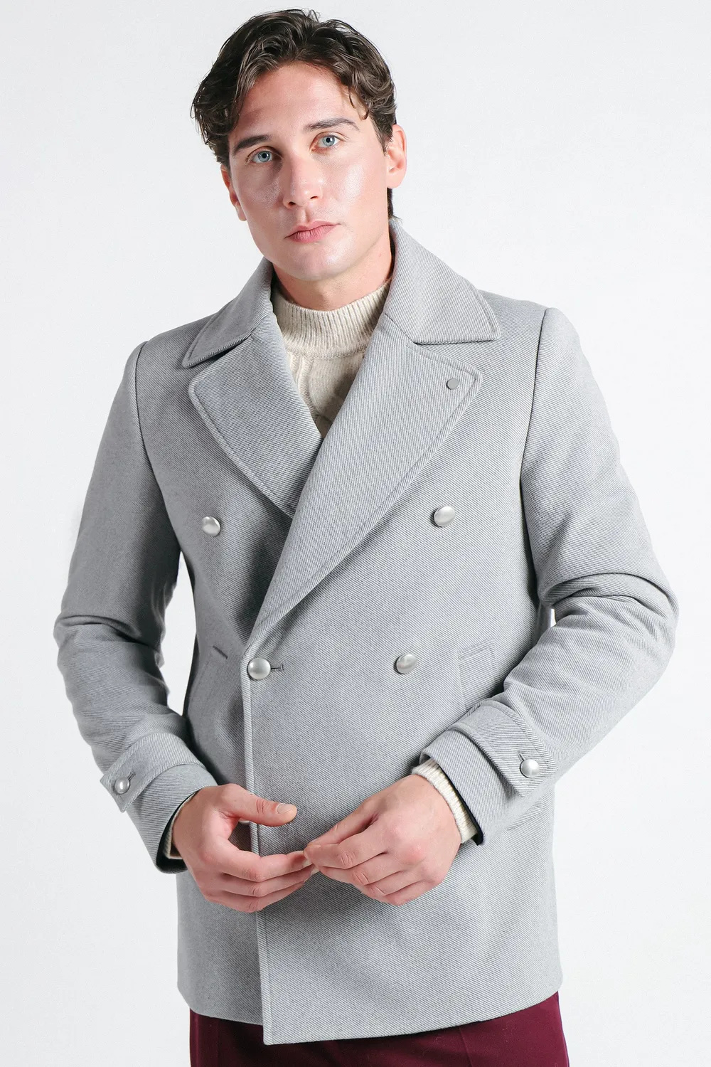 Sonny Bono Doppio Petto Cappotto Grigio Chiaro Bottoni Argento