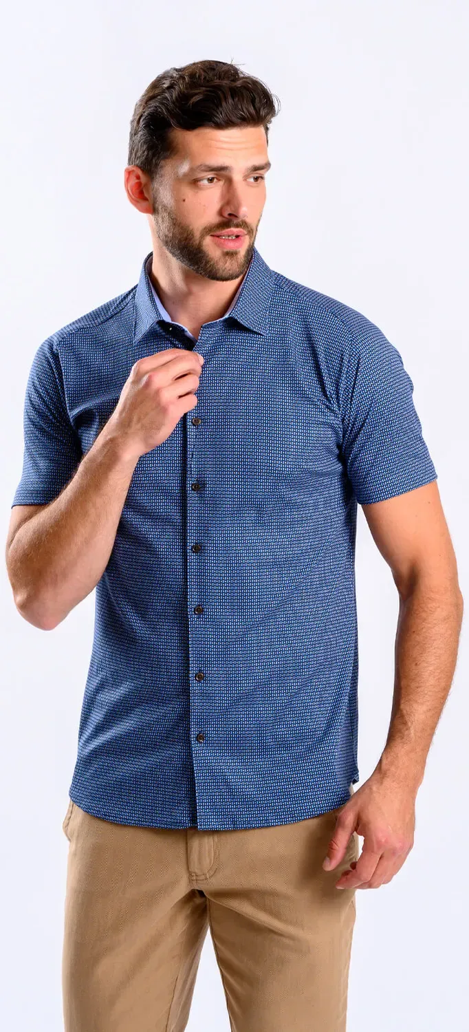 Alain Delon camicia manica corta blu stretch fantasia S