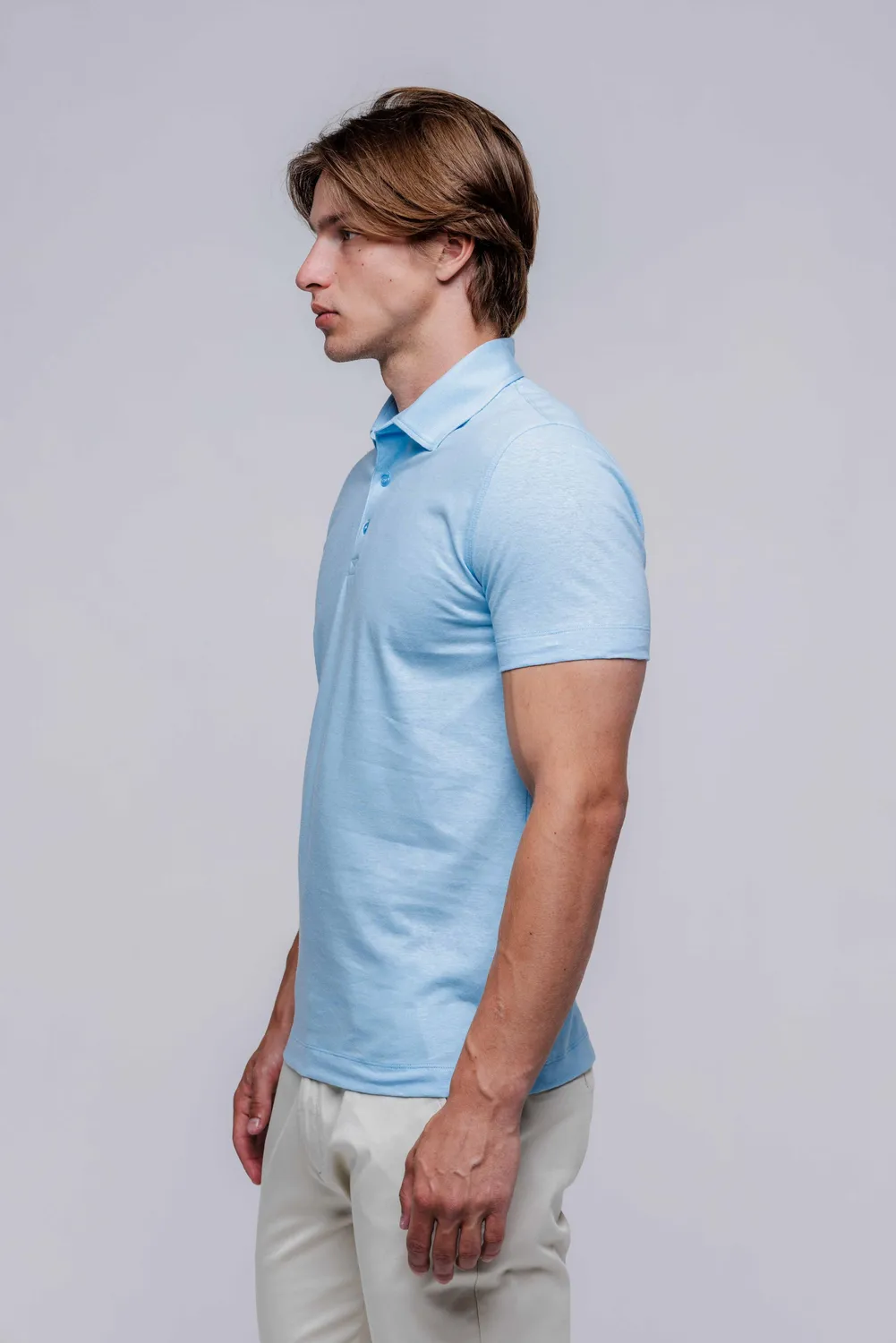 Alain Delon Polo Azzurra Lino e Cotone Manica Corta