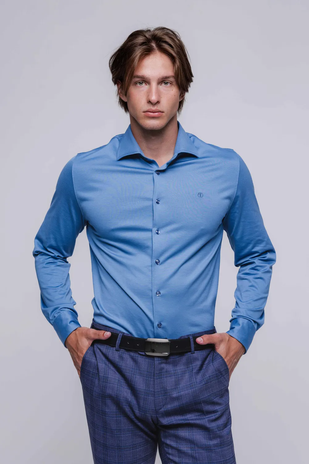 Alain Delon Extra Slim Fit camicia blu jersey cotone