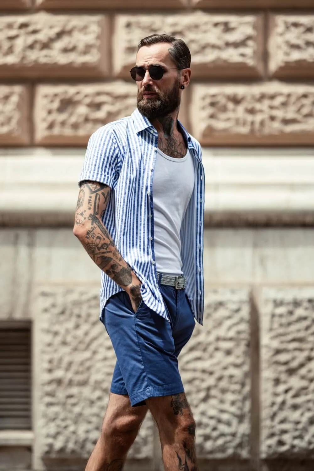 Alain Delon camicia manica corta extra slim righe bianche blu