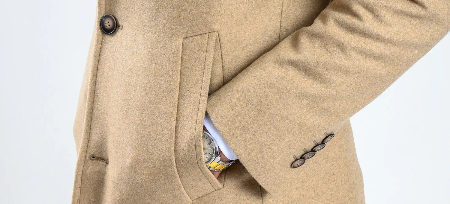 Alain Delon Cappotto Lana Beige Slim Fit Tasche