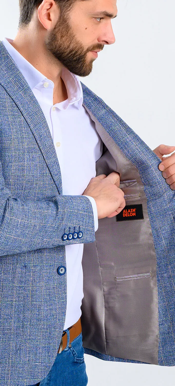 Alain Delon Blazer Azzurro Quadri Lino Lana Slim