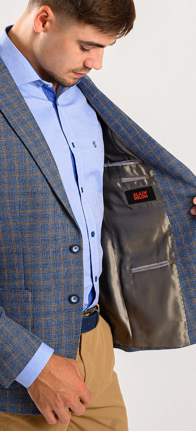 Alain Delon giacca blu lino quadri marroni slim fit