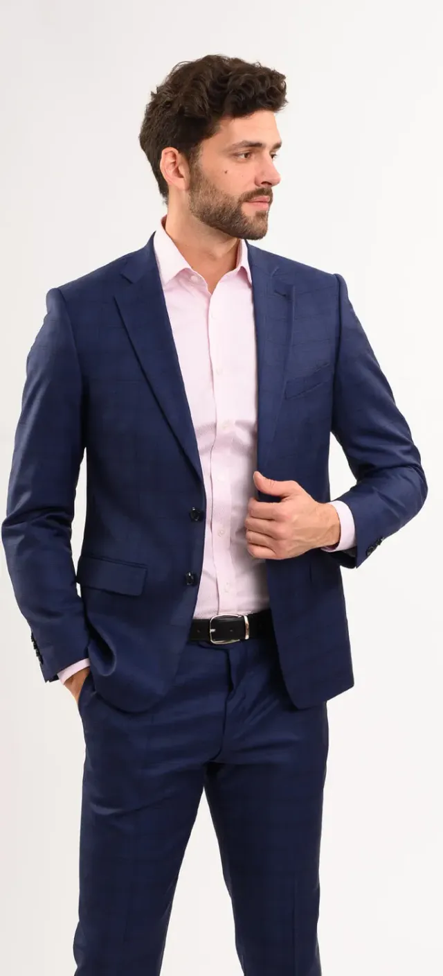 Alain Delon abito slim blu navy quadri neri lana