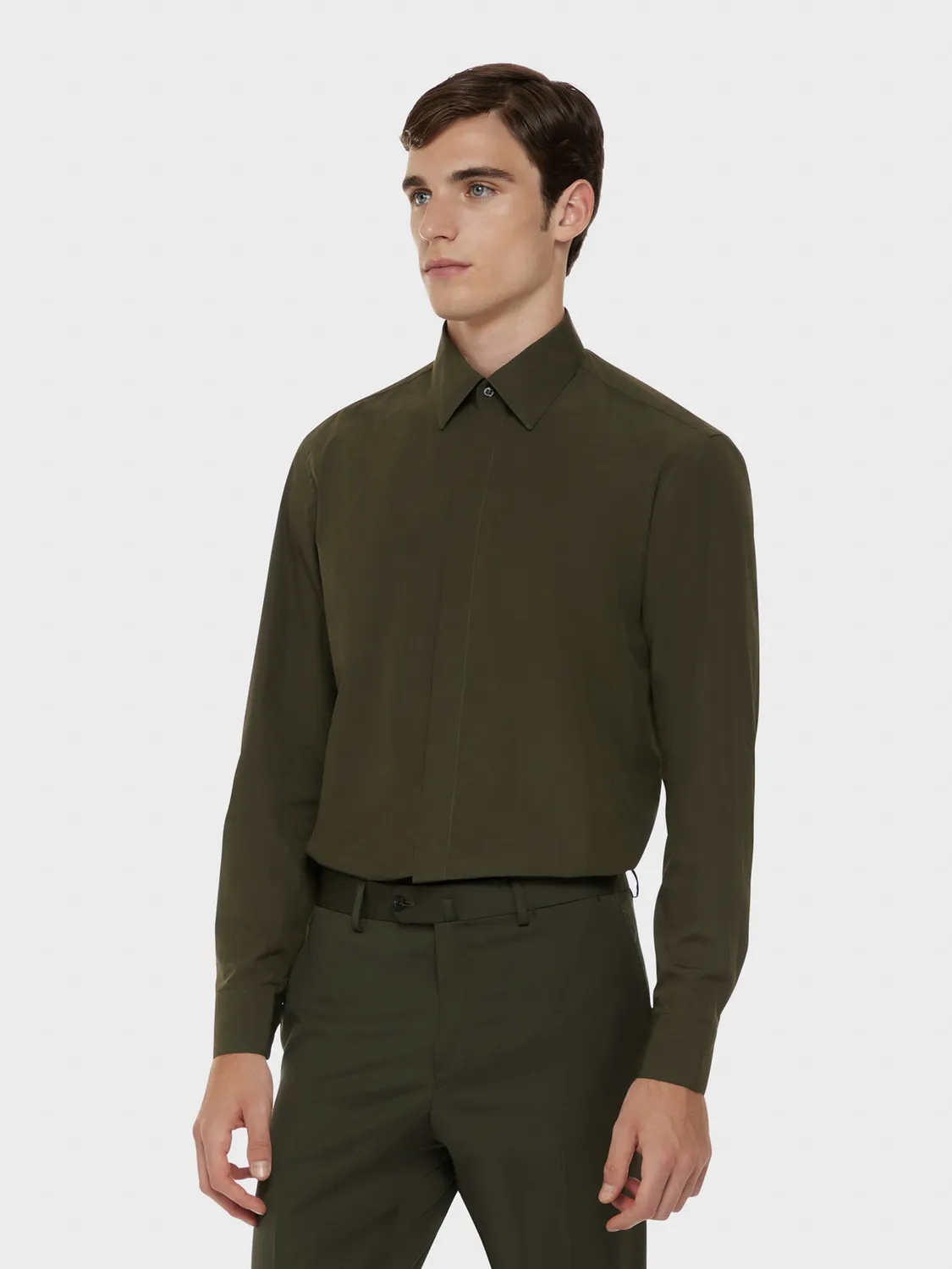 Caruso camicia slim cotone verde militare collo francese